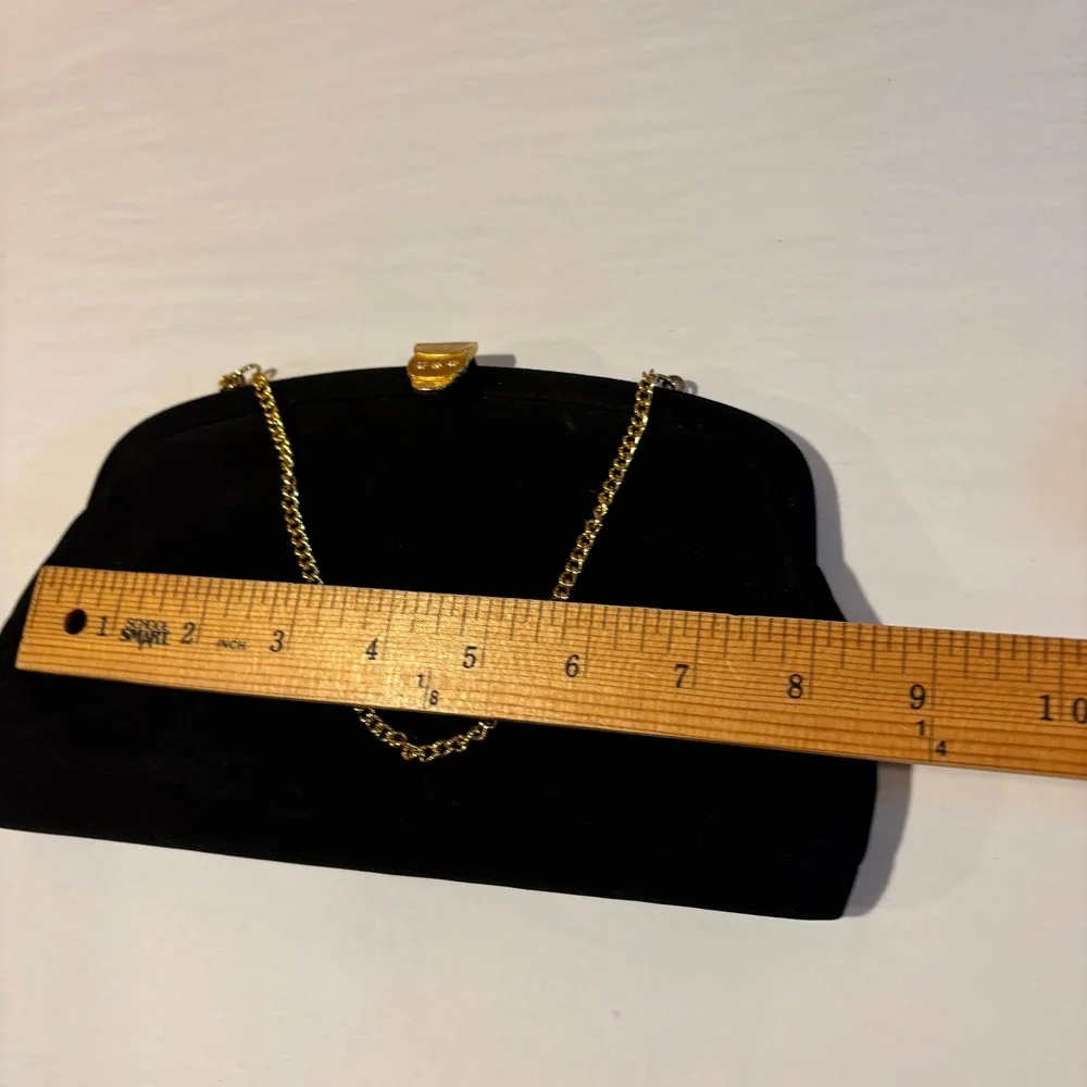 Vintage Black Crepe Evening Clutch Bag Gold Chain Strap Formal Gala Wedding